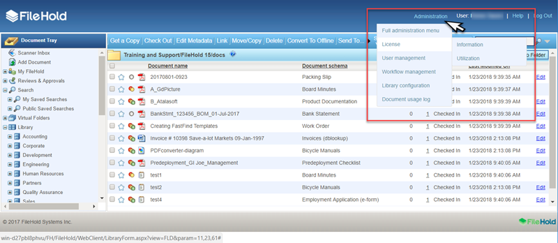 System administration web client menu