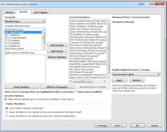 Cabinet advanced security options 