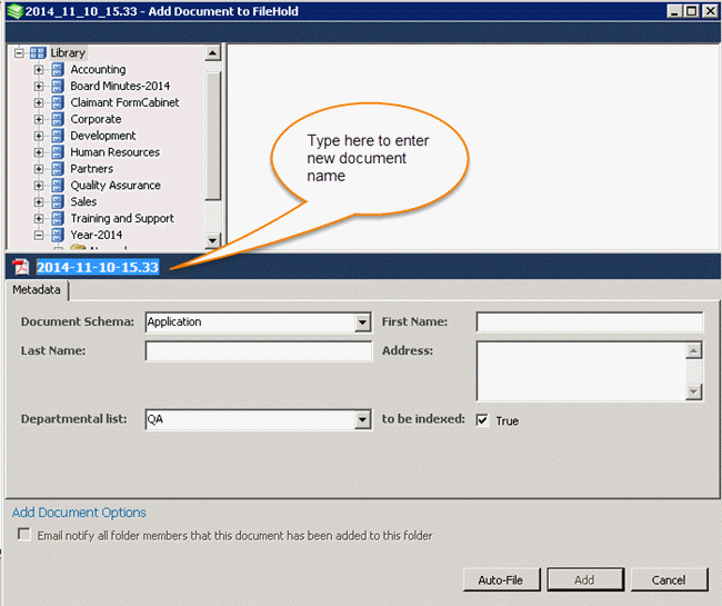 Print to FileHold dialog box