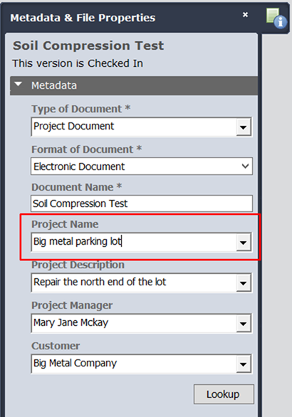 Document metadata panel lookup