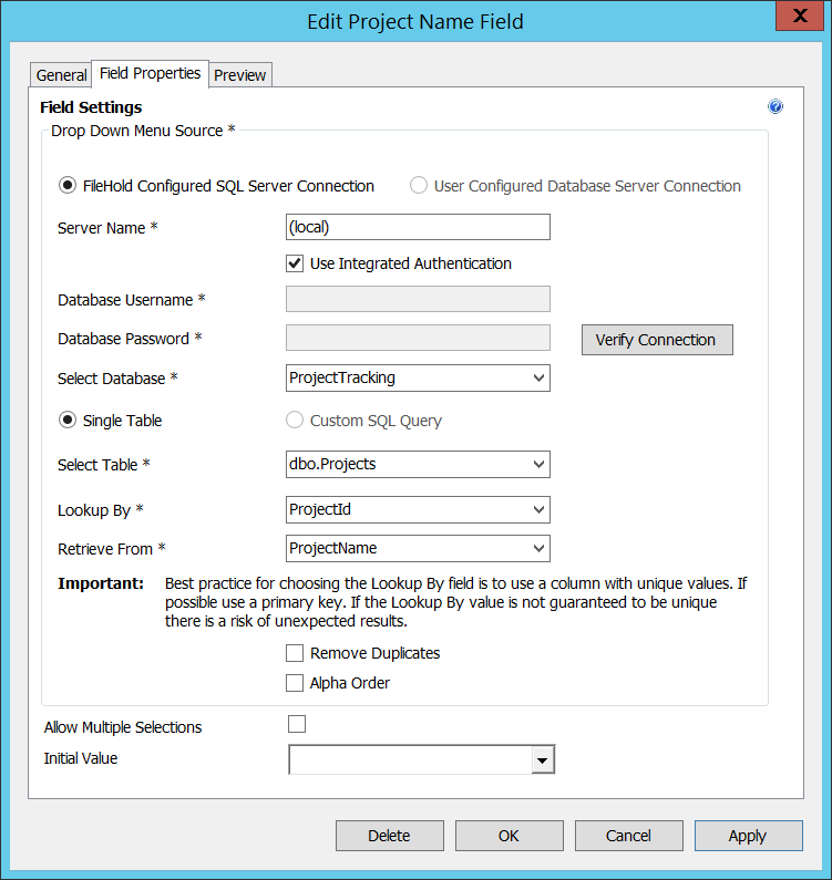 Project name metadata field definition