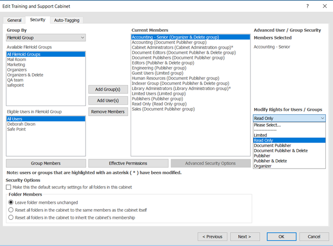 Cabinet security settings