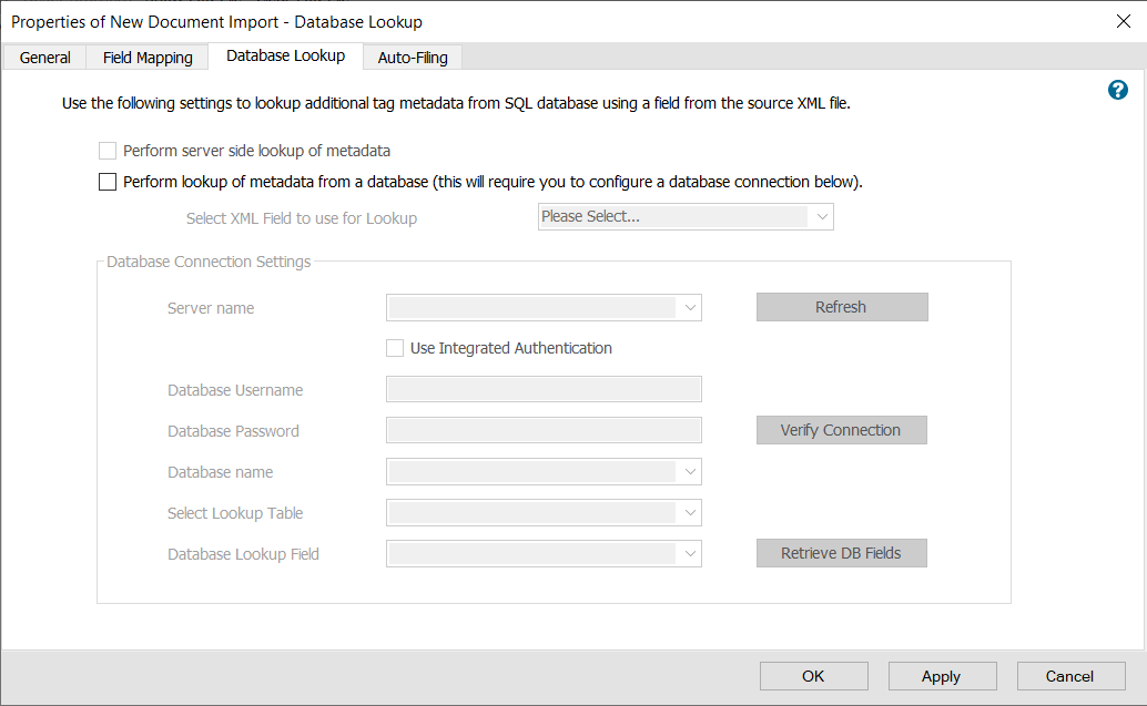Manage imports database lookup tab