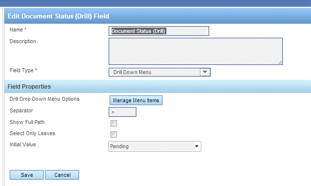 Drill down metadata field configuration
