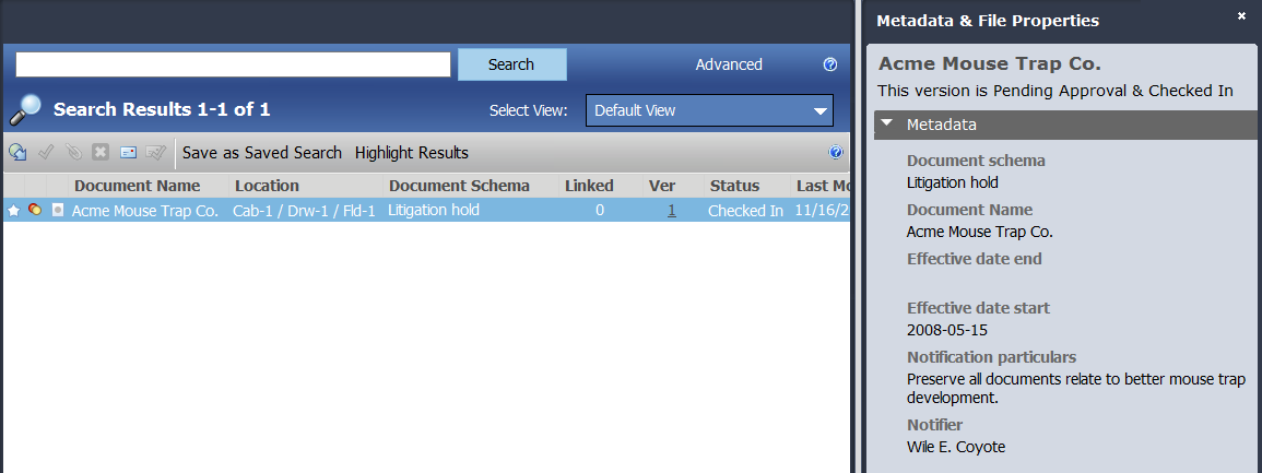 Legal hold offline schema metadata pane