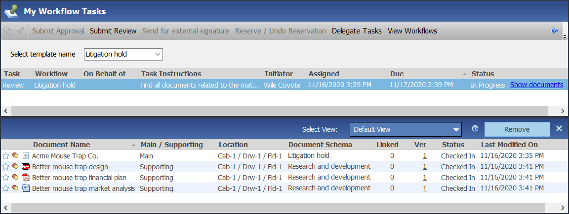 Legal hold workflow task assignment
