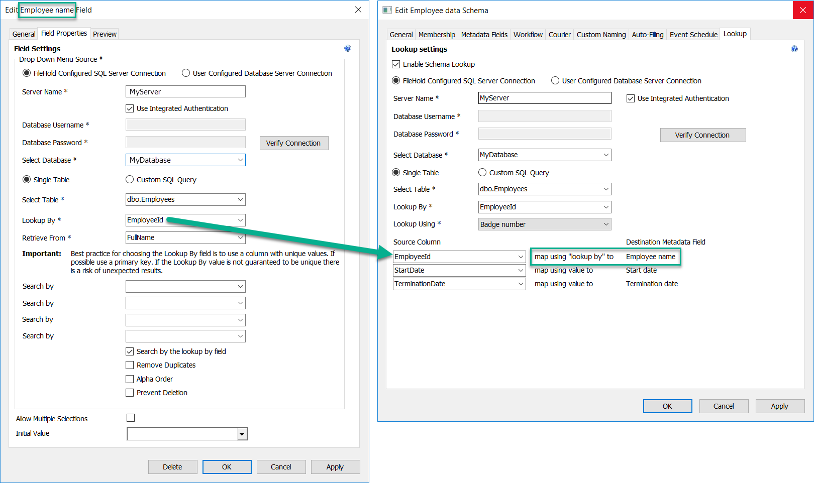 Schema database lookup mapping