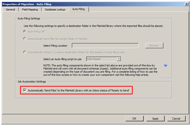 Manage imports auto-filing tab - migration configuration