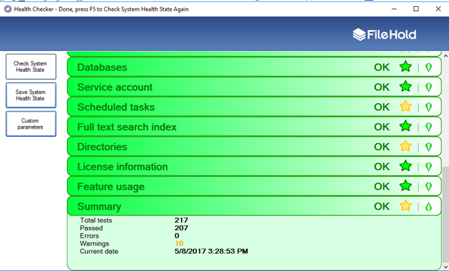 FileHold Health Checker report results