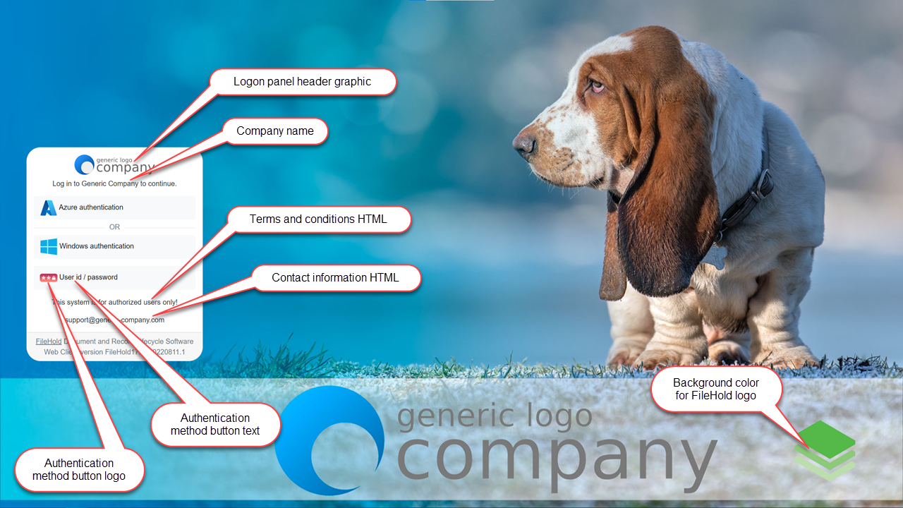 Example of a tailored logon page with tailoring options noted