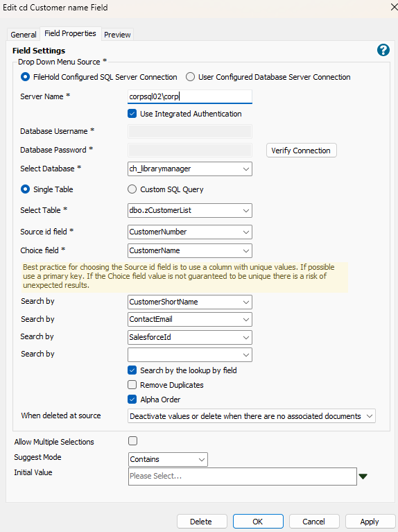 database managed dropdown menu configuration