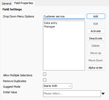 filehold managed dropdown configuration